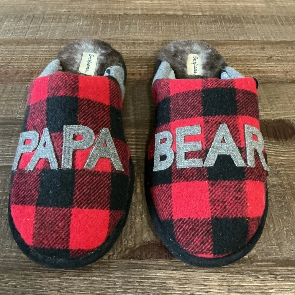 Dearfoams Red Black Plaid Men's Papa Bear Slippers And Kids Lil Bear Slippers